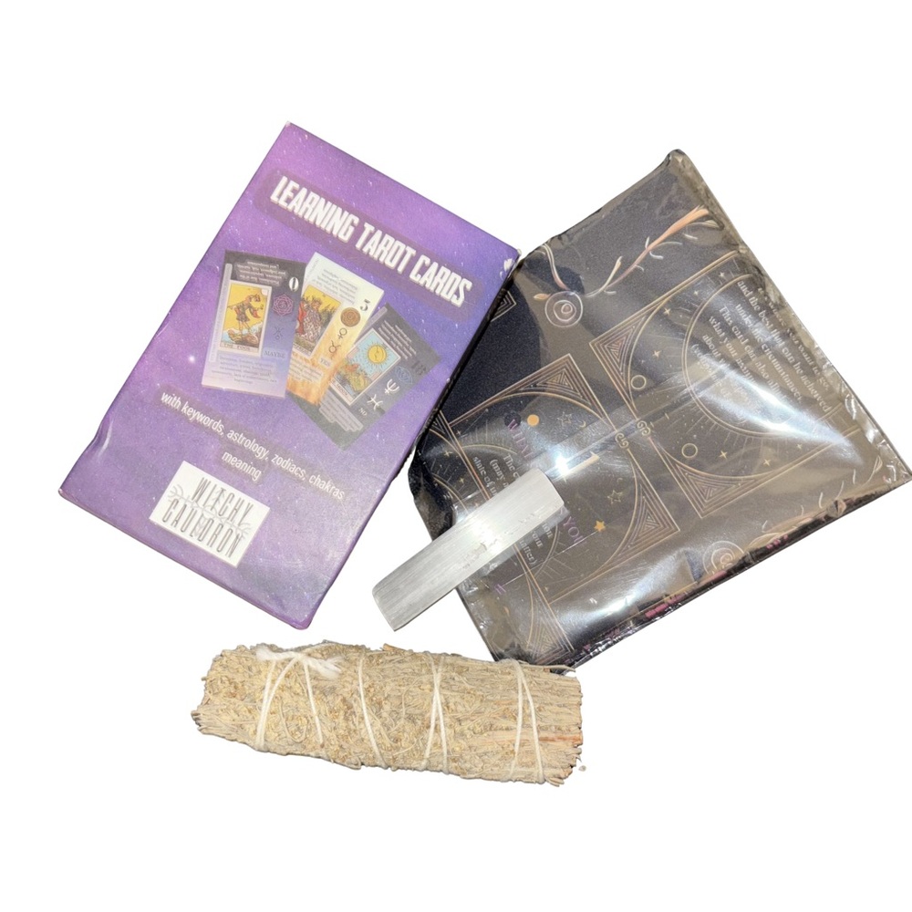 Tarot Learning Bundle | Witchy Cauldron Deck + Cloth + Sage + Satin Spar